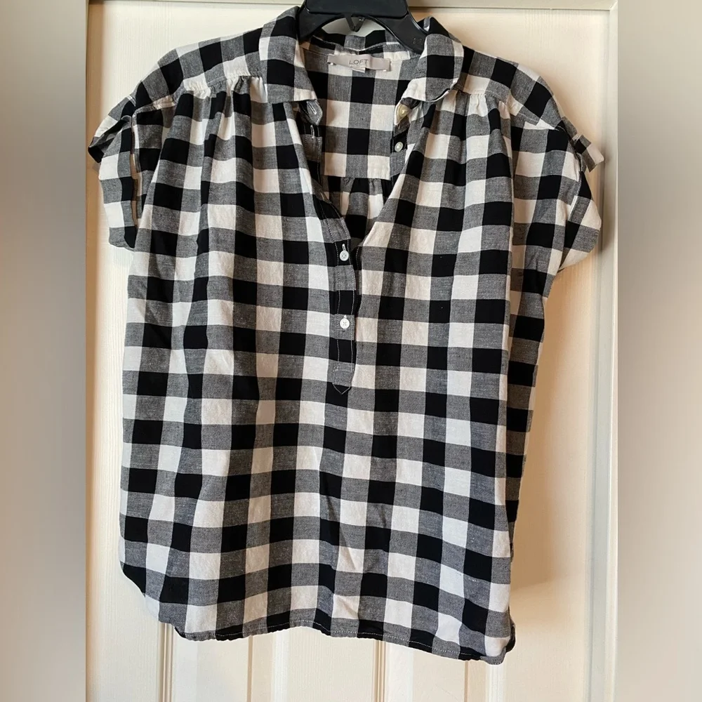 Loft black and white gingham half button blouse. Gently used - Picture 1 of 6